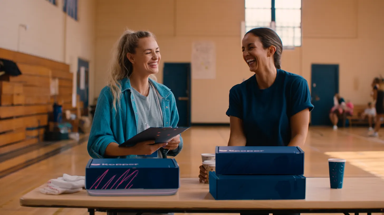 Two PTO volunteers checking in KeeperBoxes at the collection table