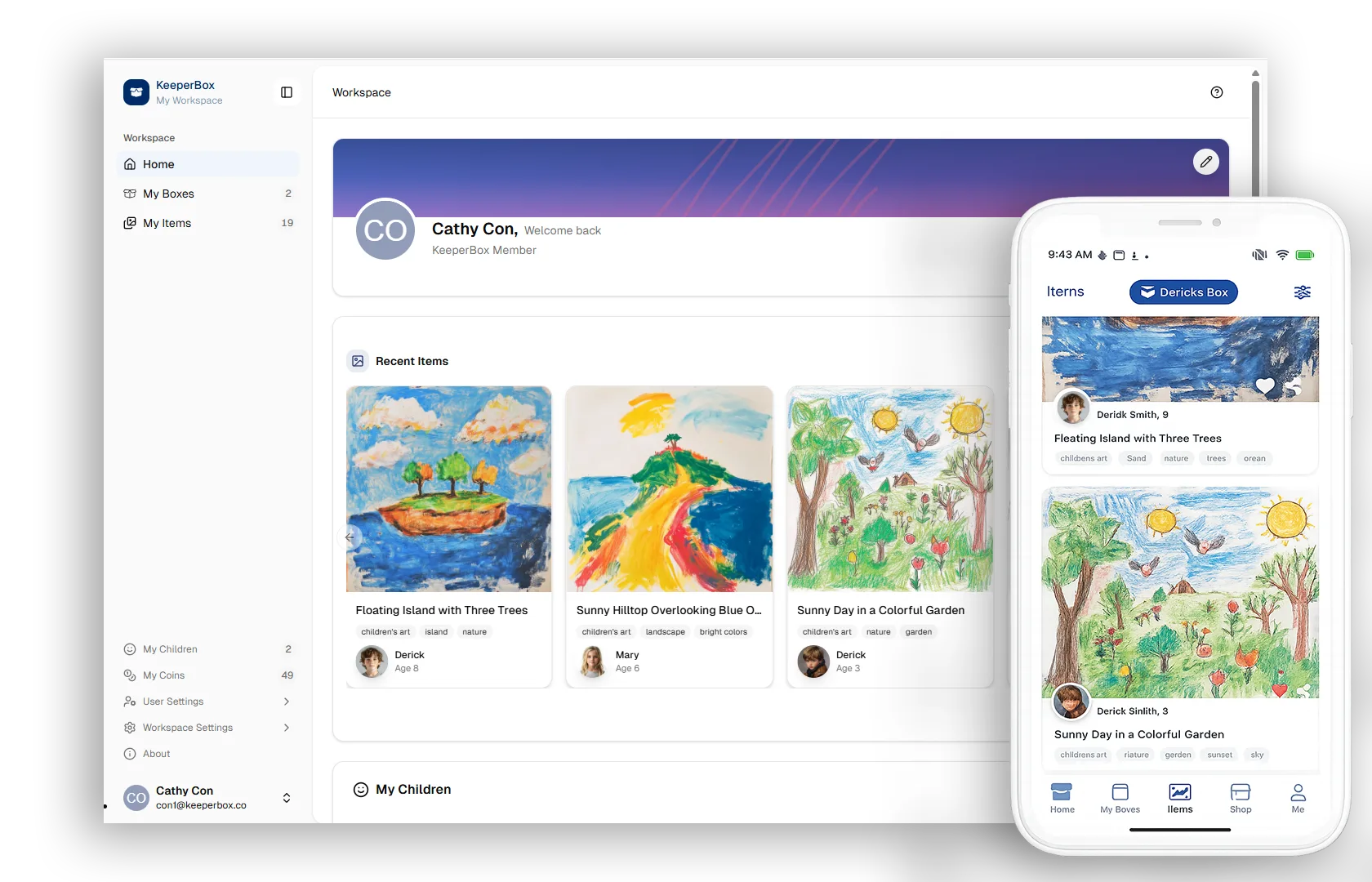 KeeperBox Provider Web Dashboard and Provider mobile app, showing recently scanned children's artwork